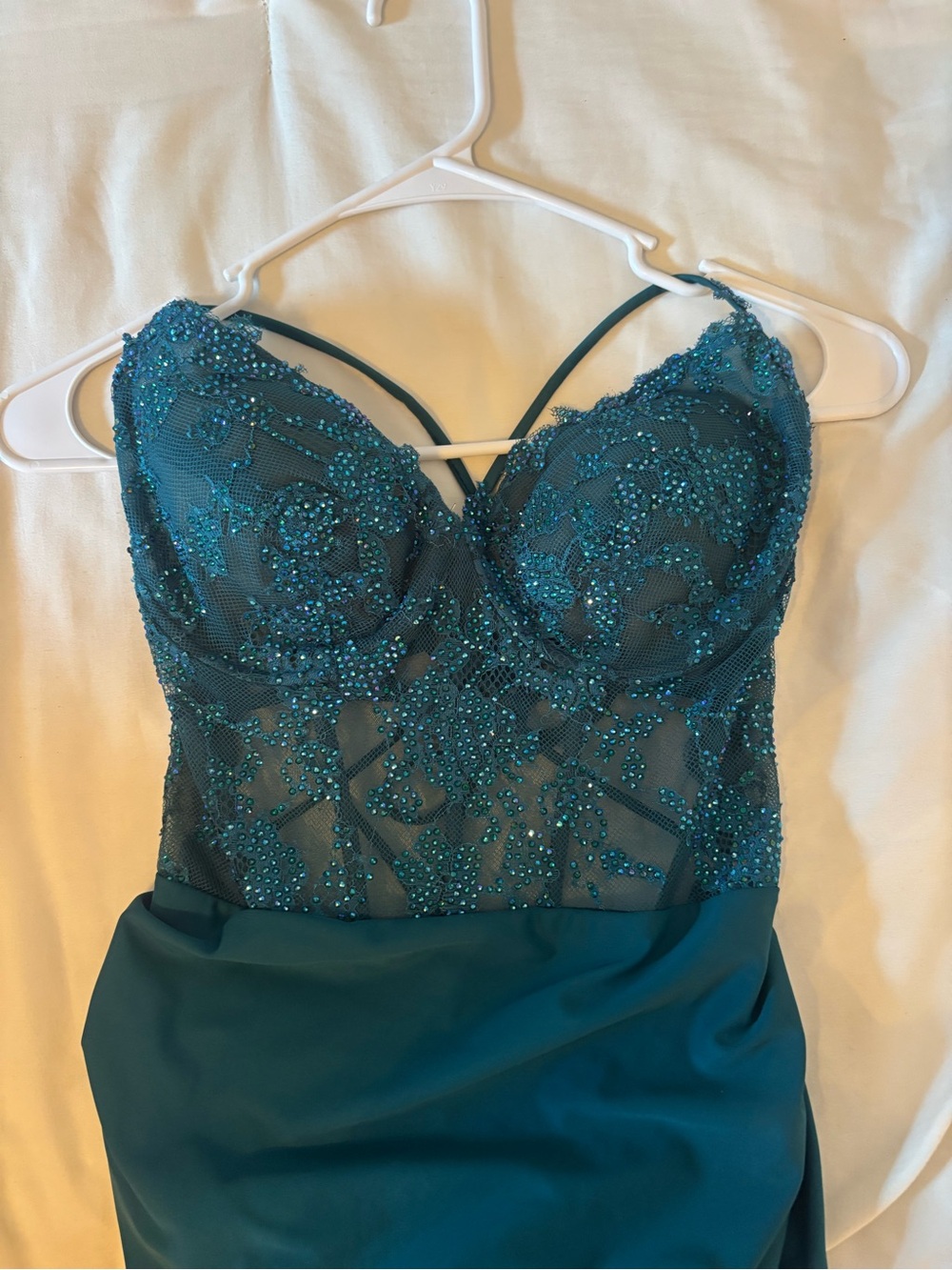 La Femme Teal Beaded Lace Bodice Prom Dress